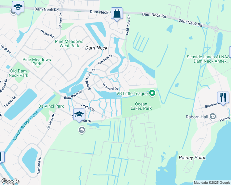 map of restaurants, bars, coffee shops, grocery stores, and more near 710 Goodard Drive in Virginia Beach