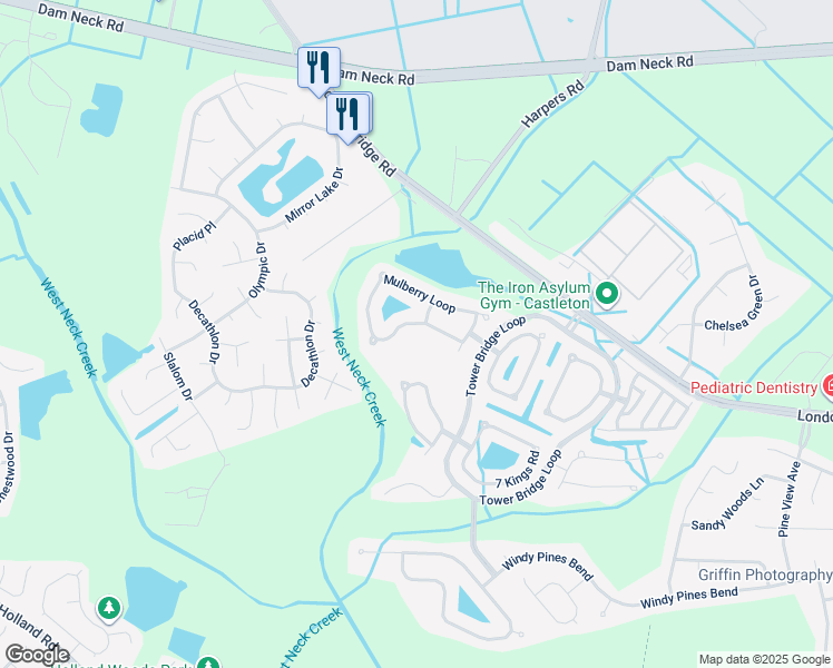 map of restaurants, bars, coffee shops, grocery stores, and more near 2564 Mulberry Loop in Virginia Beach