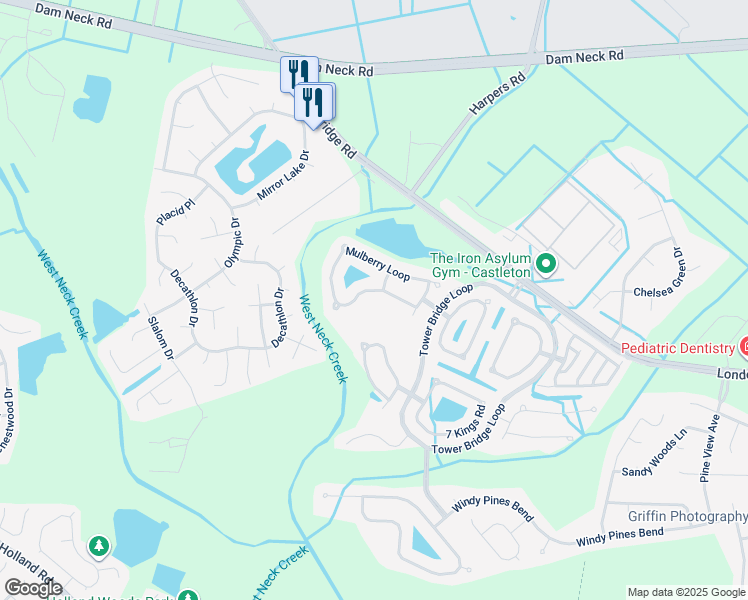 map of restaurants, bars, coffee shops, grocery stores, and more near 2564 Mulberry Loop in Virginia Beach