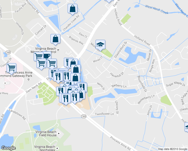 map of restaurants, bars, coffee shops, grocery stores, and more near 3204 Glastonbury Drive in Virginia Beach