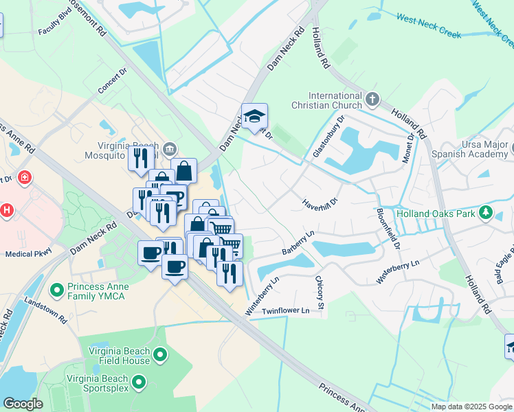 map of restaurants, bars, coffee shops, grocery stores, and more near 3204 Glastonbury Drive in Virginia Beach