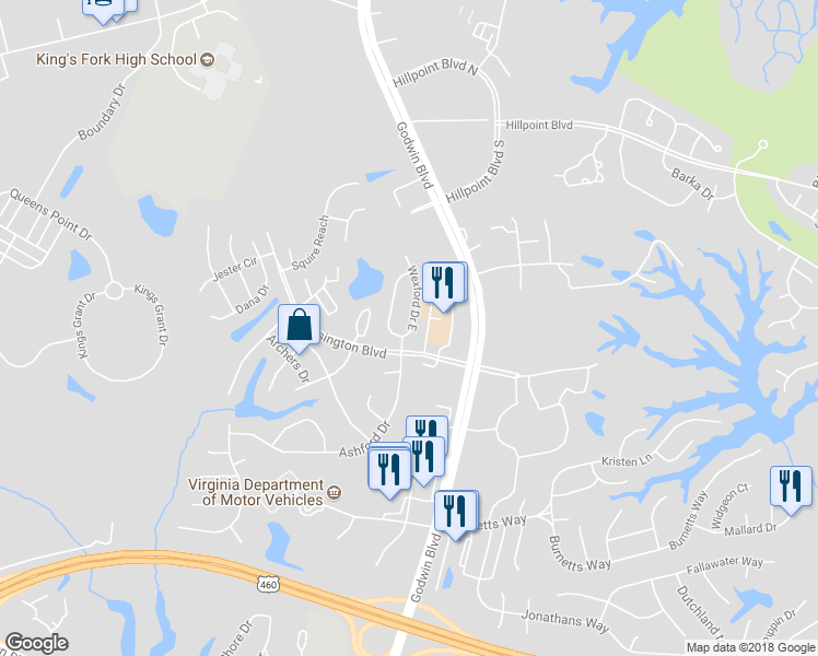 map of restaurants, bars, coffee shops, grocery stores, and more near 107 Wexford Drive East in Suffolk