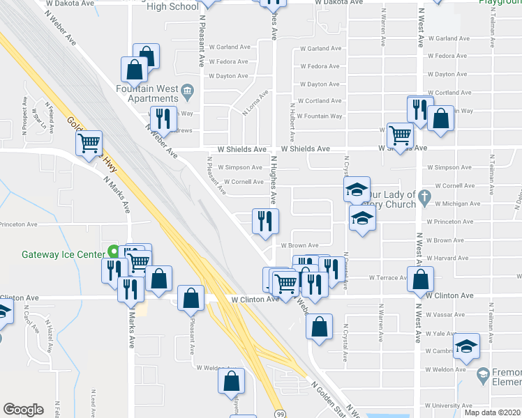 map of restaurants, bars, coffee shops, grocery stores, and more near 2146 West Michigan Avenue in Fresno