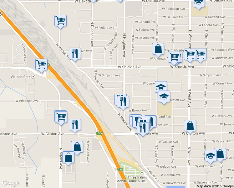 map of restaurants, bars, coffee shops, grocery stores, and more near 2146 West Michigan Avenue in Fresno
