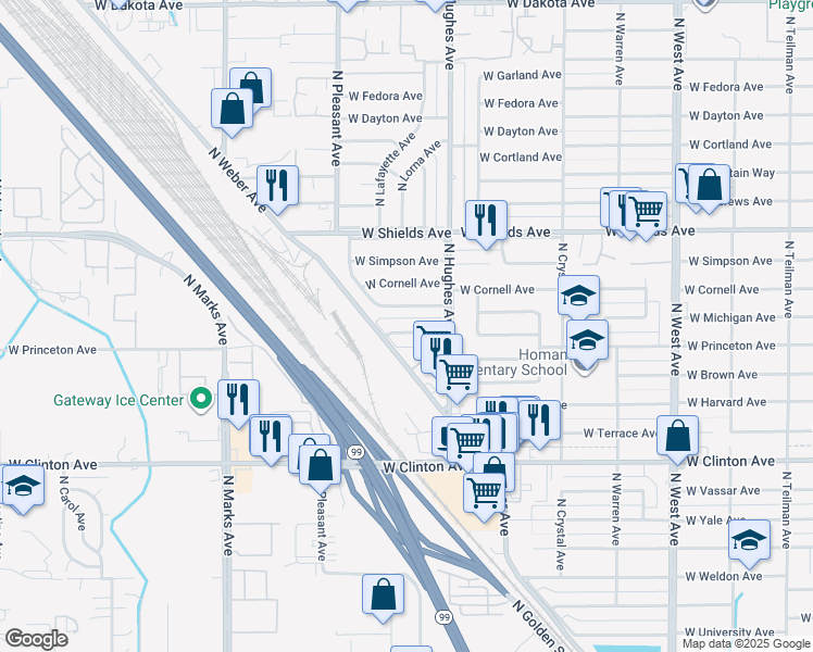 map of restaurants, bars, coffee shops, grocery stores, and more near 2146 West Michigan Avenue in Fresno