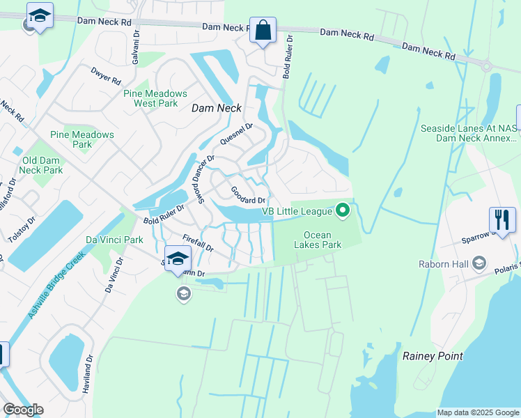 map of restaurants, bars, coffee shops, grocery stores, and more near 710 Goodard Drive in Virginia Beach