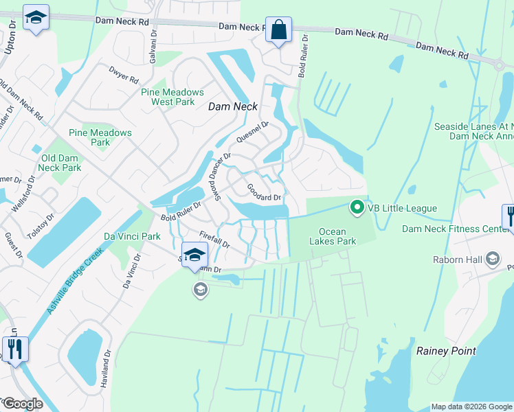 map of restaurants, bars, coffee shops, grocery stores, and more near 754 Goodard Drive in Virginia Beach