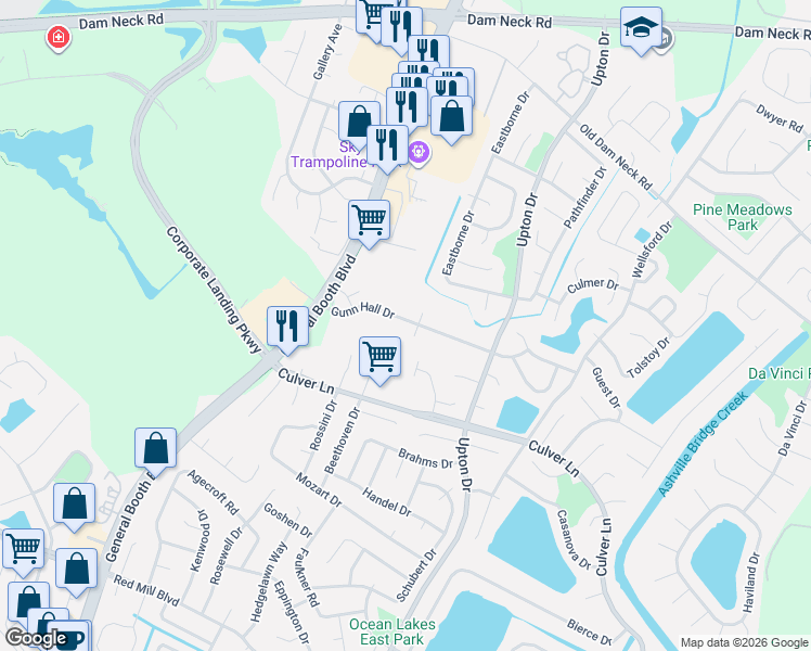 map of restaurants, bars, coffee shops, grocery stores, and more near 1851 Gunter Hall Drive in Virginia Beach