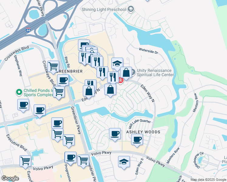 map of restaurants, bars, coffee shops, grocery stores, and more near 1025 Eden Way North in Chesapeake