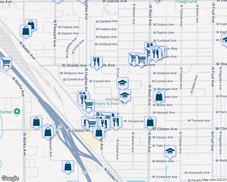 map of restaurants, bars, coffee shops, grocery stores, and more near 2832 North Hacienda Drive in Fresno