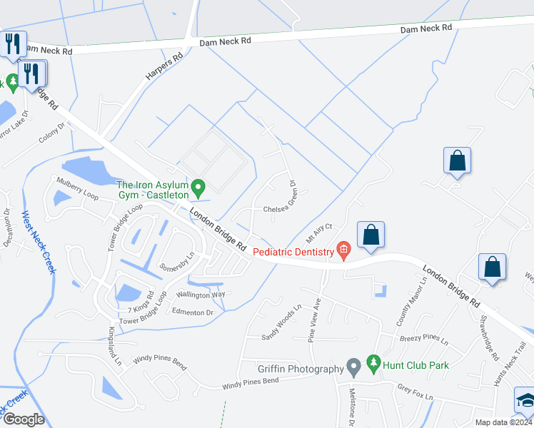 map of restaurants, bars, coffee shops, grocery stores, and more near 1888 Chelsea Green Drive in Virginia Beach