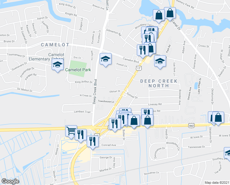 map of restaurants, bars, coffee shops, grocery stores, and more near 2615 Elkhart Street in Chesapeake