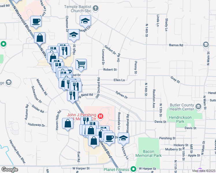 map of restaurants, bars, coffee shops, grocery stores, and more near 1713 Sunset Drive in Poplar Bluff