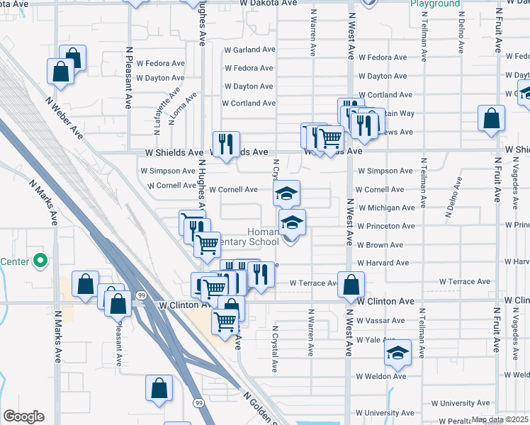 map of restaurants, bars, coffee shops, grocery stores, and more near 2832 North Hacienda Drive in Fresno