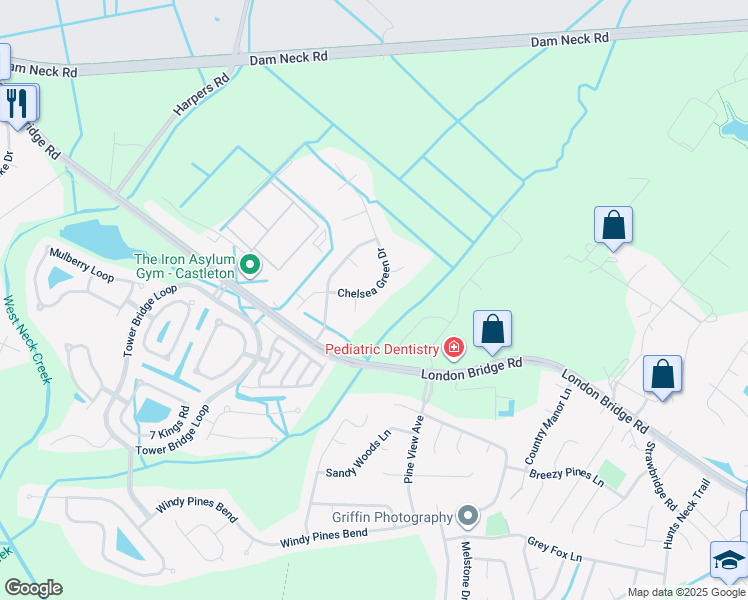 map of restaurants, bars, coffee shops, grocery stores, and more near 1876 Chelsea Green Drive in Virginia Beach
