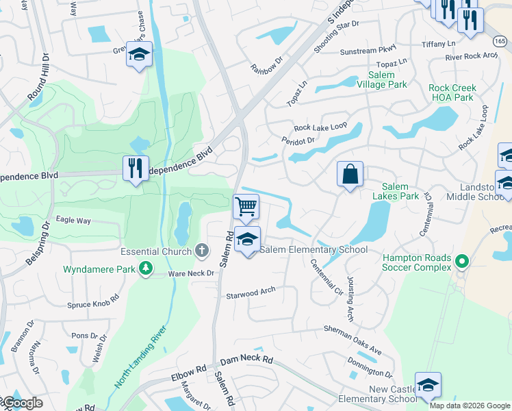 map of restaurants, bars, coffee shops, grocery stores, and more near 3943 Morning Light Lane in Virginia Beach