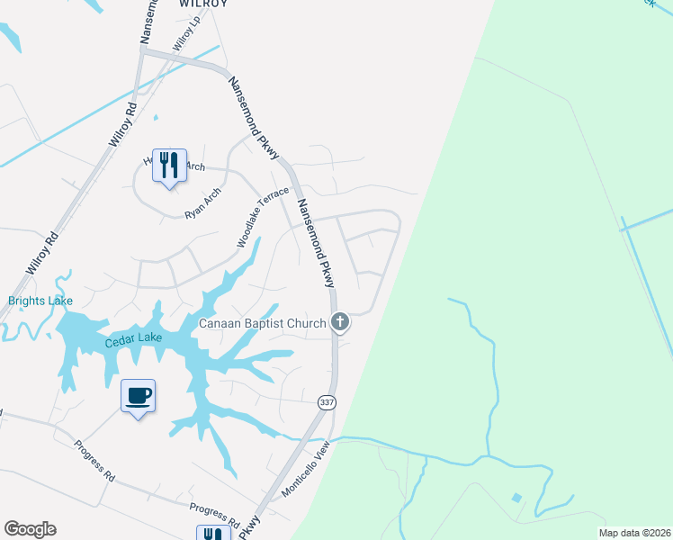 map of restaurants, bars, coffee shops, grocery stores, and more near 2081 Maple Leaf Crescent in Suffolk