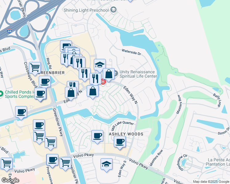 map of restaurants, bars, coffee shops, grocery stores, and more near 1364 Cypress Place in Chesapeake