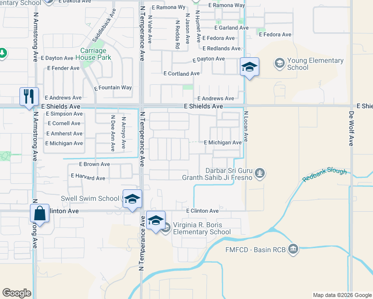 map of restaurants, bars, coffee shops, grocery stores, and more near 2869 North Hornet Avenue in Fresno