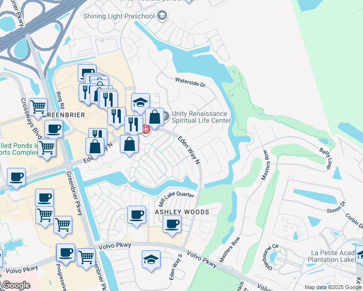 map of restaurants, bars, coffee shops, grocery stores, and more near 908 White Oak Court North in Chesapeake