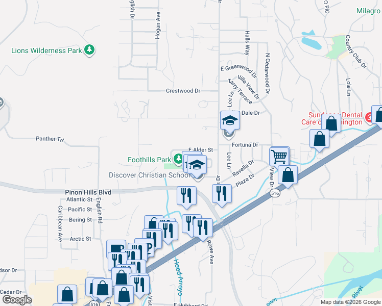 map of restaurants, bars, coffee shops, grocery stores, and more near 5518 East Alder Street in Farmington
