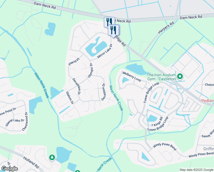 map of restaurants, bars, coffee shops, grocery stores, and more near 2501 Pentathlon Arch in Virginia Beach