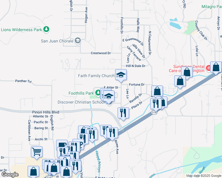 map of restaurants, bars, coffee shops, grocery stores, and more near 5525 East Alder Street in Farmington