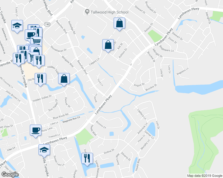map of restaurants, bars, coffee shops, grocery stores, and more near 1720 Styron Lane in Virginia Beach