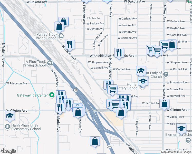 map of restaurants, bars, coffee shops, grocery stores, and more near 2266 West Princeton Avenue in Fresno