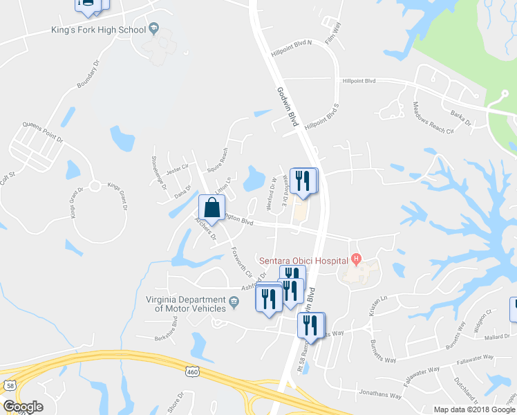 map of restaurants, bars, coffee shops, grocery stores, and more near 232 Craftsman Circle in Suffolk