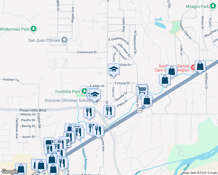 map of restaurants, bars, coffee shops, grocery stores, and more near 5560 East Alder Street in Farmington
