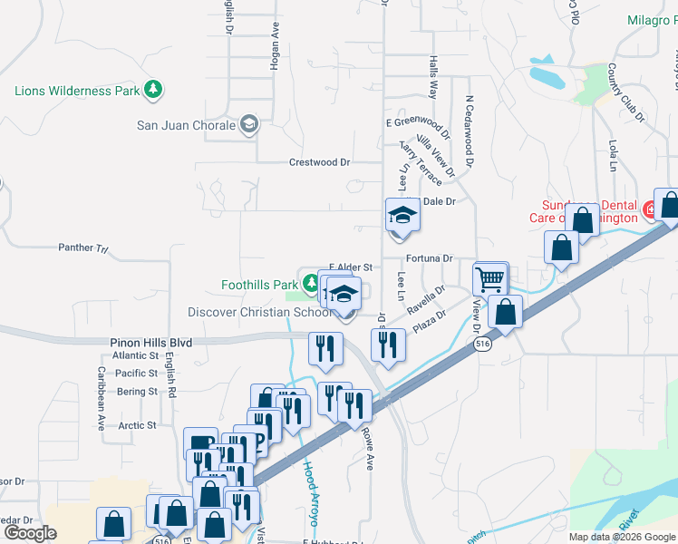 map of restaurants, bars, coffee shops, grocery stores, and more near 5518 East Alder Street in Farmington