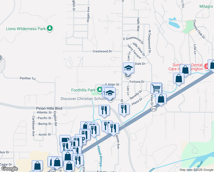 map of restaurants, bars, coffee shops, grocery stores, and more near 5518 East Alder Street in Farmington