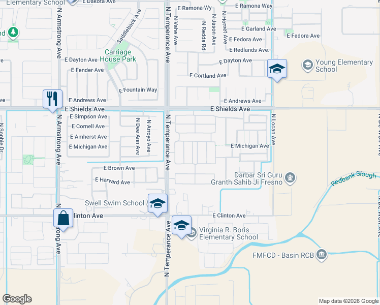 map of restaurants, bars, coffee shops, grocery stores, and more near 2672 North Temperance Avenue in Fresno