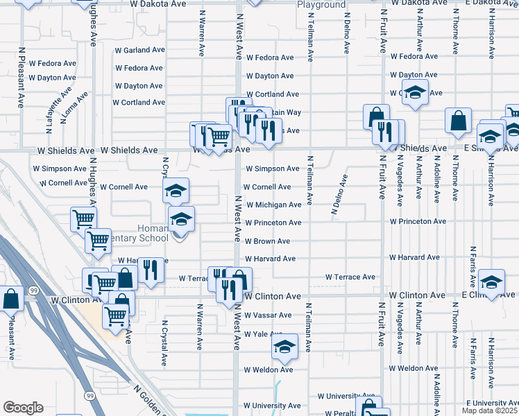 map of restaurants, bars, coffee shops, grocery stores, and more near 2949 North Channing Way in Fresno