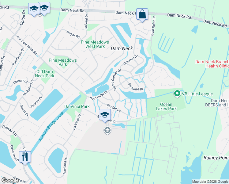 map of restaurants, bars, coffee shops, grocery stores, and more near 1665 Sword Dancer Drive in Virginia Beach