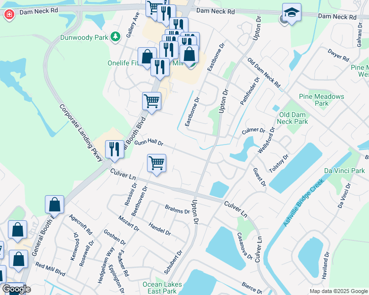 map of restaurants, bars, coffee shops, grocery stores, and more near 1875 Eastborne Drive in Virginia Beach