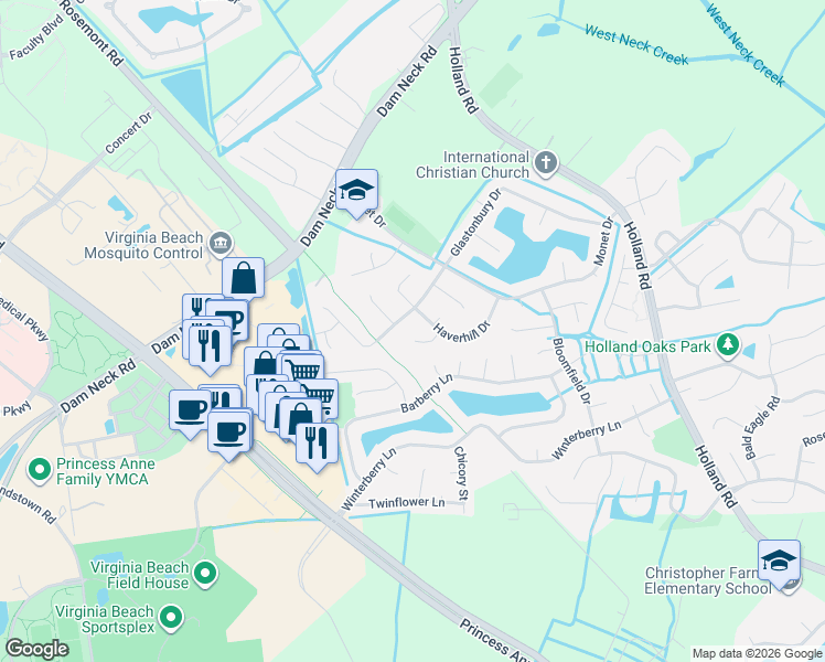 map of restaurants, bars, coffee shops, grocery stores, and more near 1845 Elkins Circle in Virginia Beach