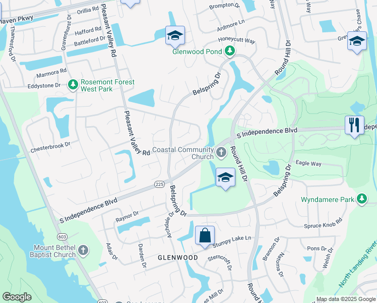 map of restaurants, bars, coffee shops, grocery stores, and more near 1105 Northvale Drive in Virginia Beach