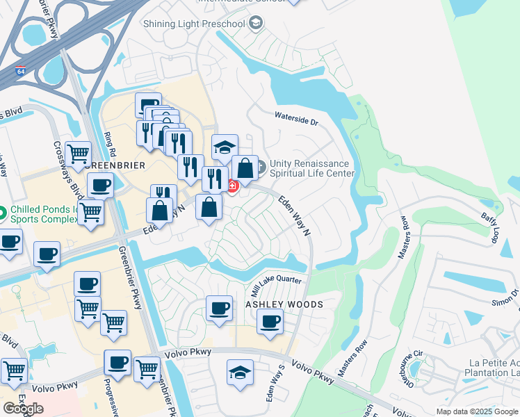 map of restaurants, bars, coffee shops, grocery stores, and more near 1364 Cypress Place in Chesapeake