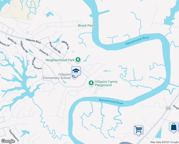 map of restaurants, bars, coffee shops, grocery stores, and more near 100 Karen Lane in Suffolk