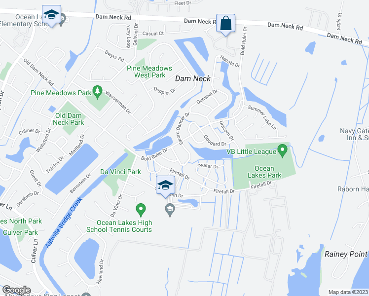 map of restaurants, bars, coffee shops, grocery stores, and more near 1706 Sword Dancer Drive in Virginia Beach