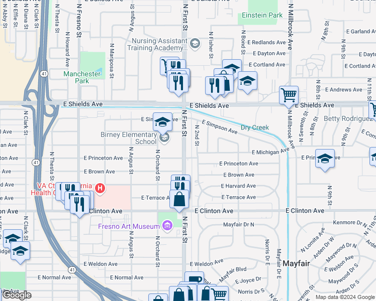 map of restaurants, bars, coffee shops, grocery stores, and more near 2822 North First Street in Fresno