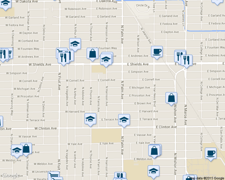 map of restaurants, bars, coffee shops, grocery stores, and more near 132 East Michigan Avenue in Fresno