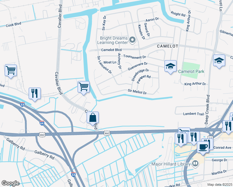 map of restaurants, bars, coffee shops, grocery stores, and more near 3225 Sir Meliot Drive in Chesapeake