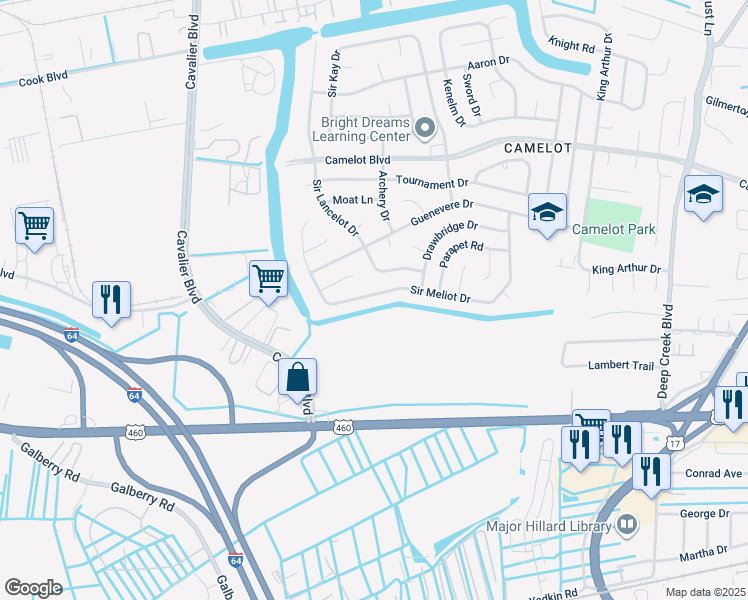 map of restaurants, bars, coffee shops, grocery stores, and more near 3225 Sir Meliot Drive in Chesapeake