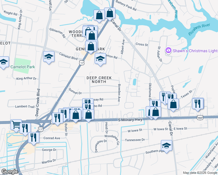 map of restaurants, bars, coffee shops, grocery stores, and more near 2412 Youngman Road in Chesapeake