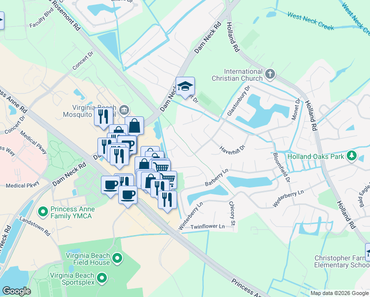 map of restaurants, bars, coffee shops, grocery stores, and more near 3208 Glastonbury Drive in Virginia Beach