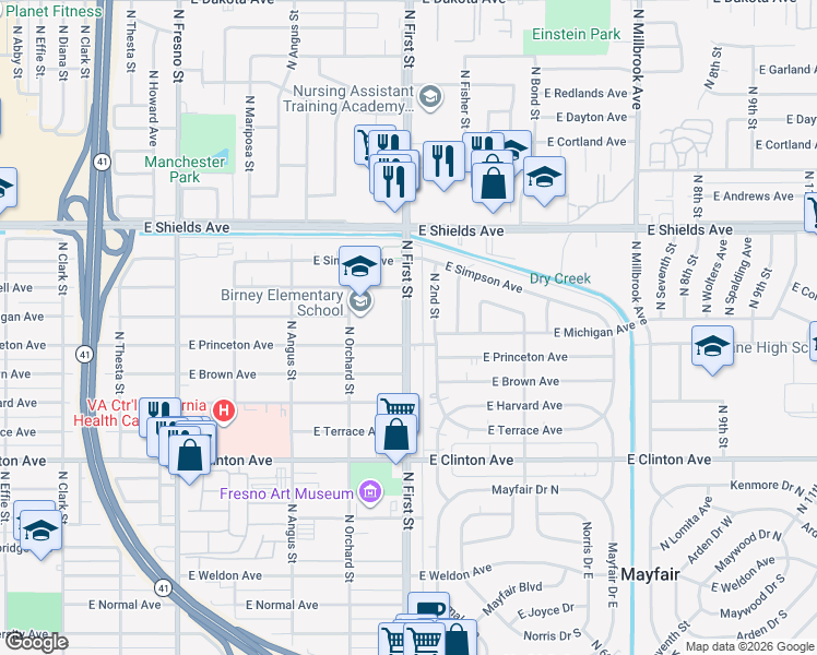 map of restaurants, bars, coffee shops, grocery stores, and more near 2832 North 1st Street in Fresno