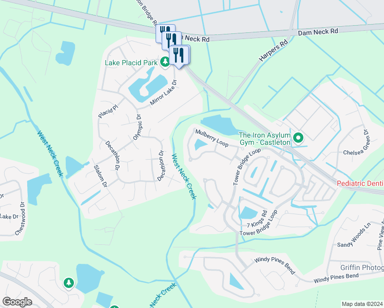 map of restaurants, bars, coffee shops, grocery stores, and more near 2625 Mulberry Loop in Virginia Beach